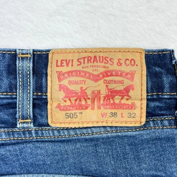 Levi's 505 Jean Mens 38x32 (Fits 26x30) Blue Regular Medium Wash Pants Classic - Picture 9 of 10